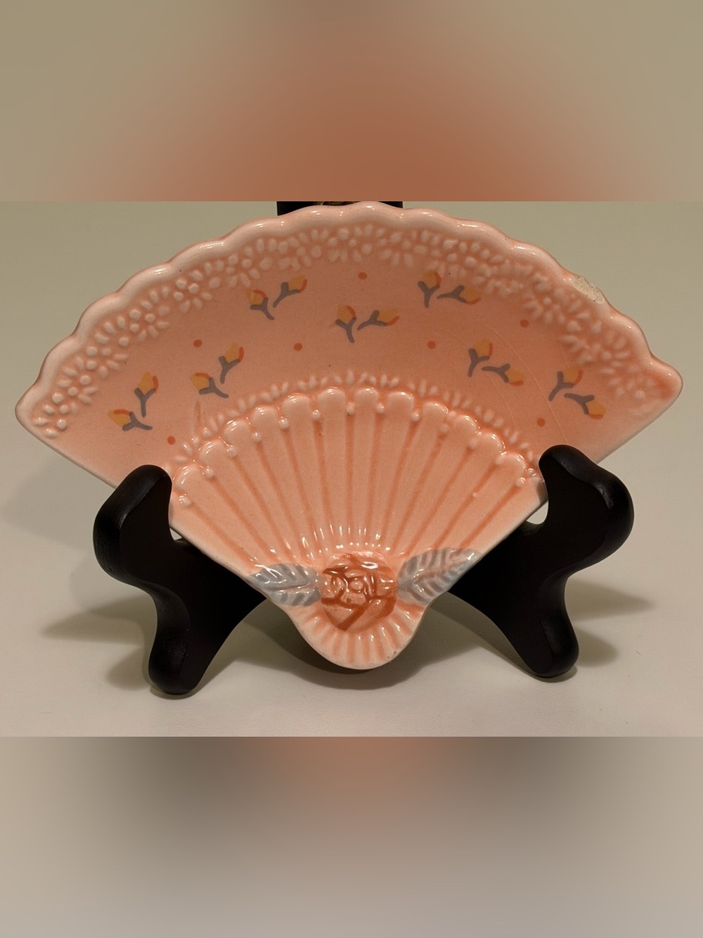 Vintage Pink Ceramic Hand Fan Trinket Dish Mid-Century Coquette Vanity Tray